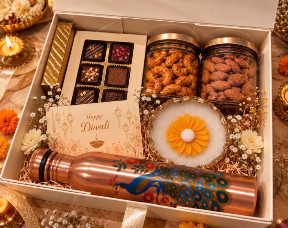 Cream gift box with six chocolates, gold playing cards, jars of cashews and almonds, a flower urli candle, a peacock-print copper bottle and a Happy Diwali card
