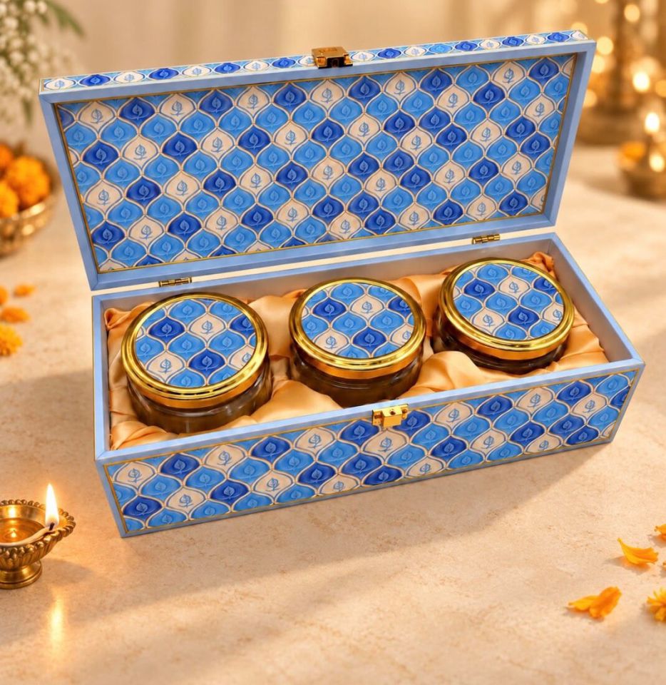 The Regal Trio: three jars with patterned lids in a matching keepsake box