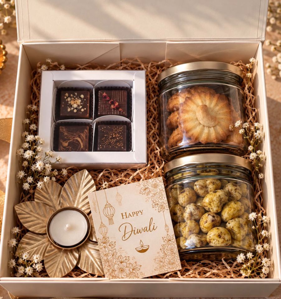 Cream gift box with four chocolates, a jar of cookies, a jar of flavoured makhanas, a gold leaf diya with a tea light and a Happy Diwali card