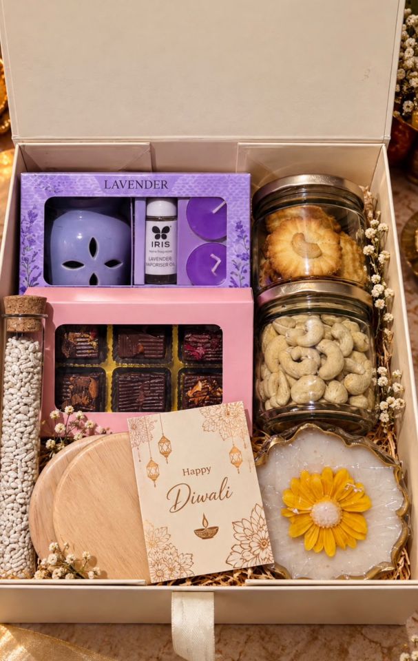 Cream gift box with a lavender vaporiser set, six chocolates, jars of cookies and cashews, a mukhwas test tube, two wooden coasters, a flower urli candle and a Happy Diwali card