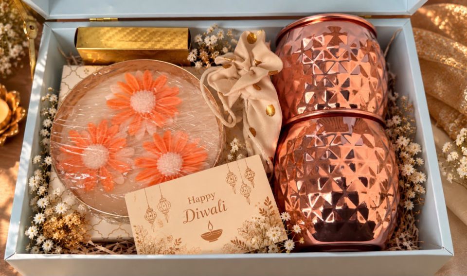 Pale blue trunk box with a flower urli candle, a potli, gold playing cards, two hammered copper mugs and a Happy Diwali card